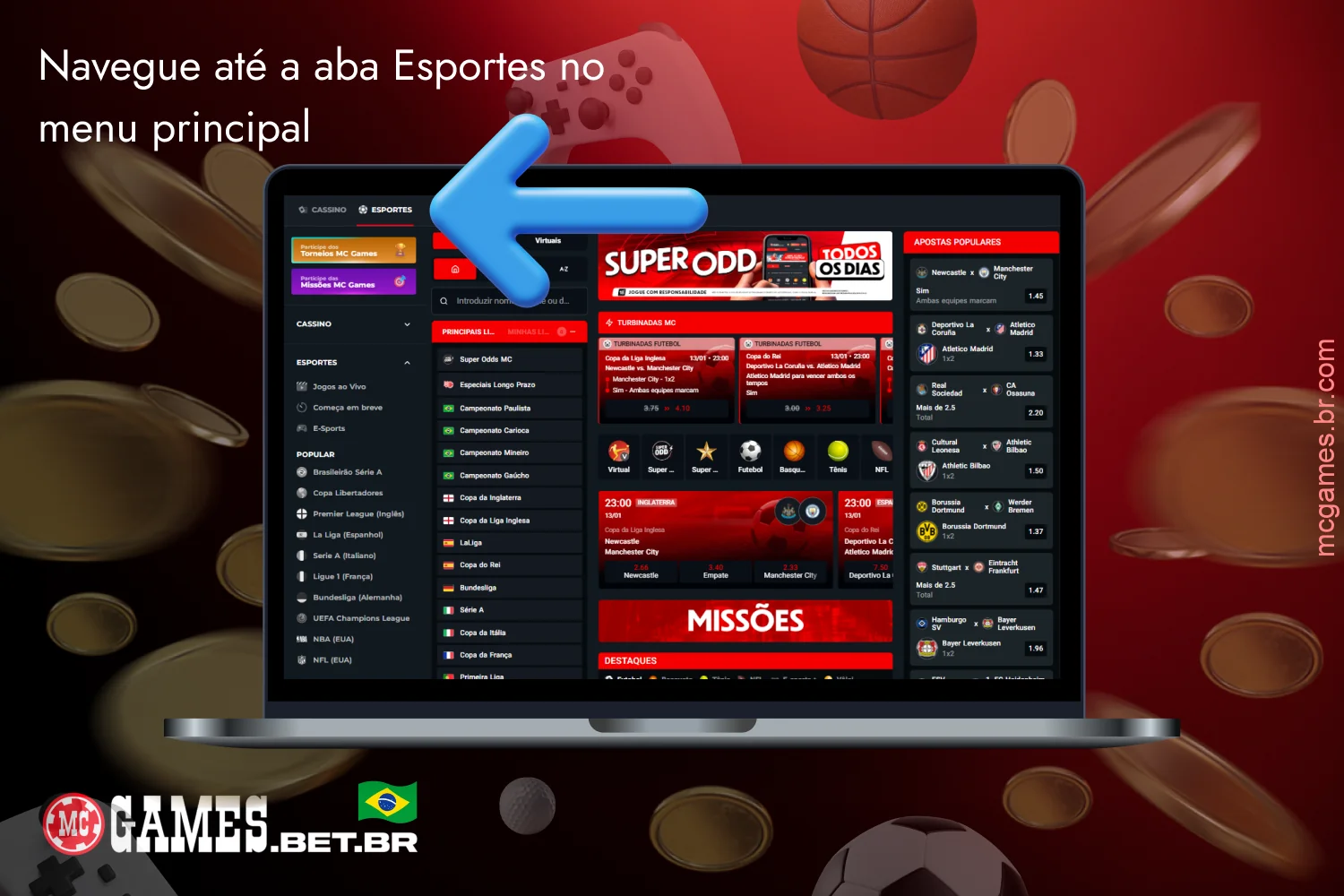 Acesse a aba “Esportes” no MC Games