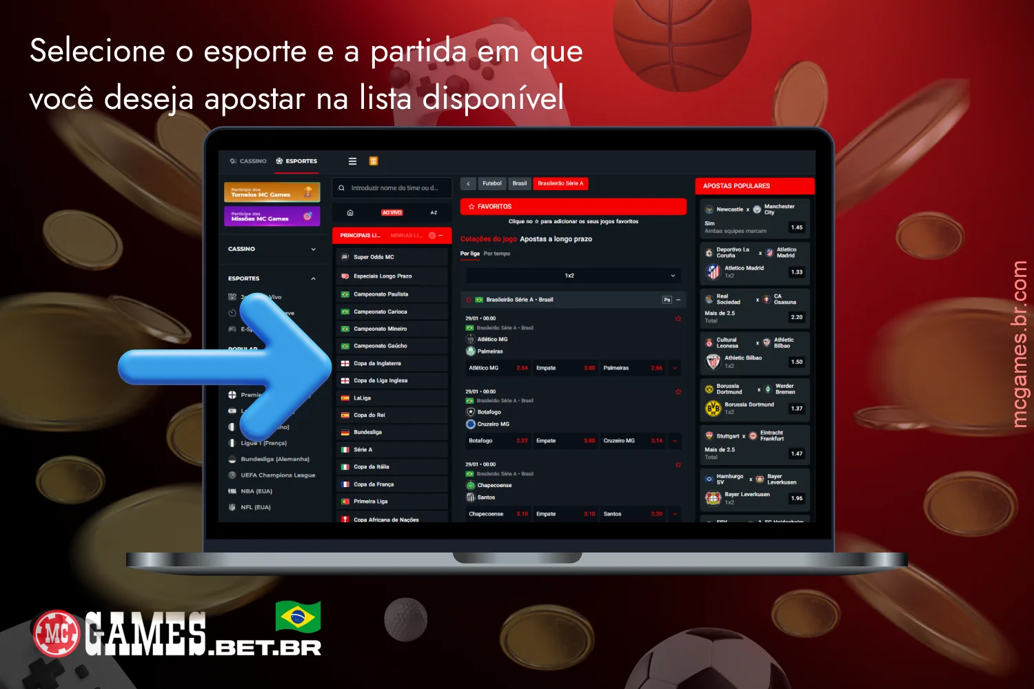 Escolha o esporte e a partida para apostar no MC Games