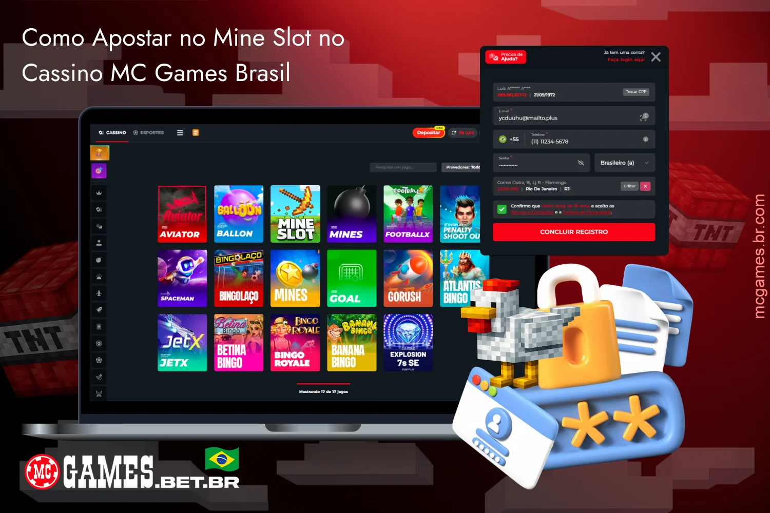 Para fazer uma aposta no Mine Slot no cassino MC Games Brasil você precisa criar uma conta e fazer um depósito